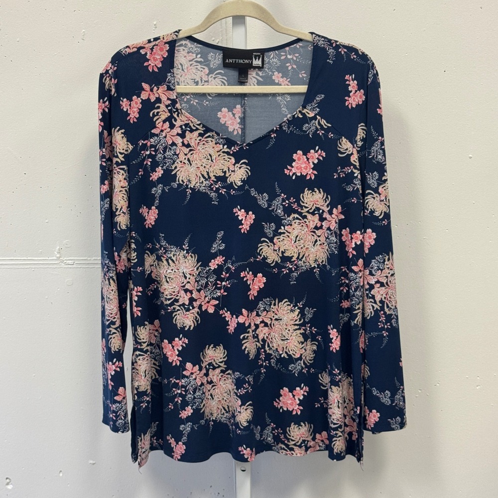 Antthony Original Navy Floral V-Neck Long Sleeve Top Blouse Large Soft Stretch